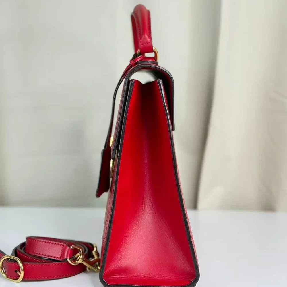 Gucci GG Logo Printed Red Leather Padlock Shoulder Bag with Gold Tone Lock